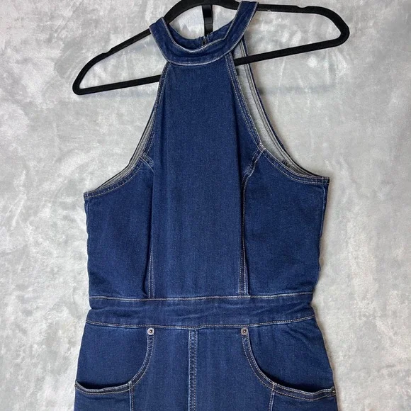 Free People We The Free Dark Wash Denim Halter Flare Leg Jumpsuit Size 6 - Picture 7 of 9